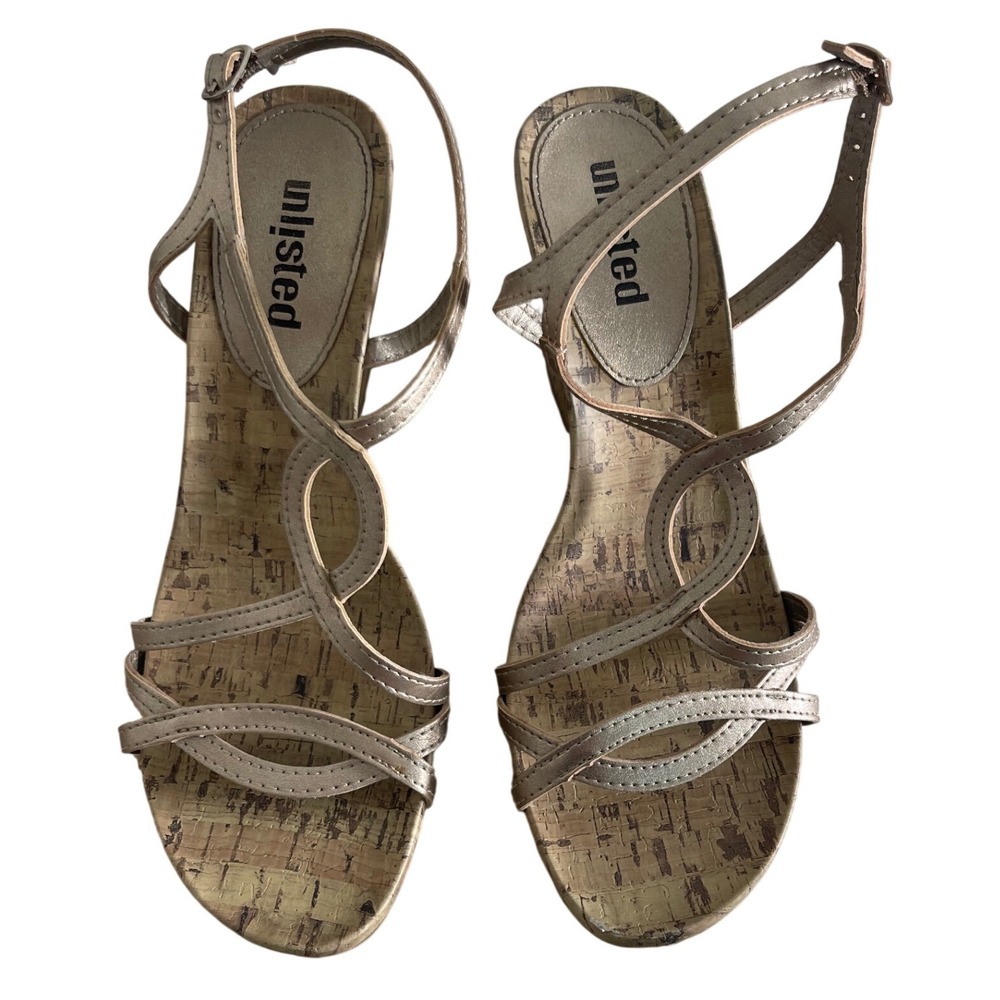 Unlisted Women's Vintage Gold Cork Wedge Sandals Open Toe Ankle‎ Strappy Size 9